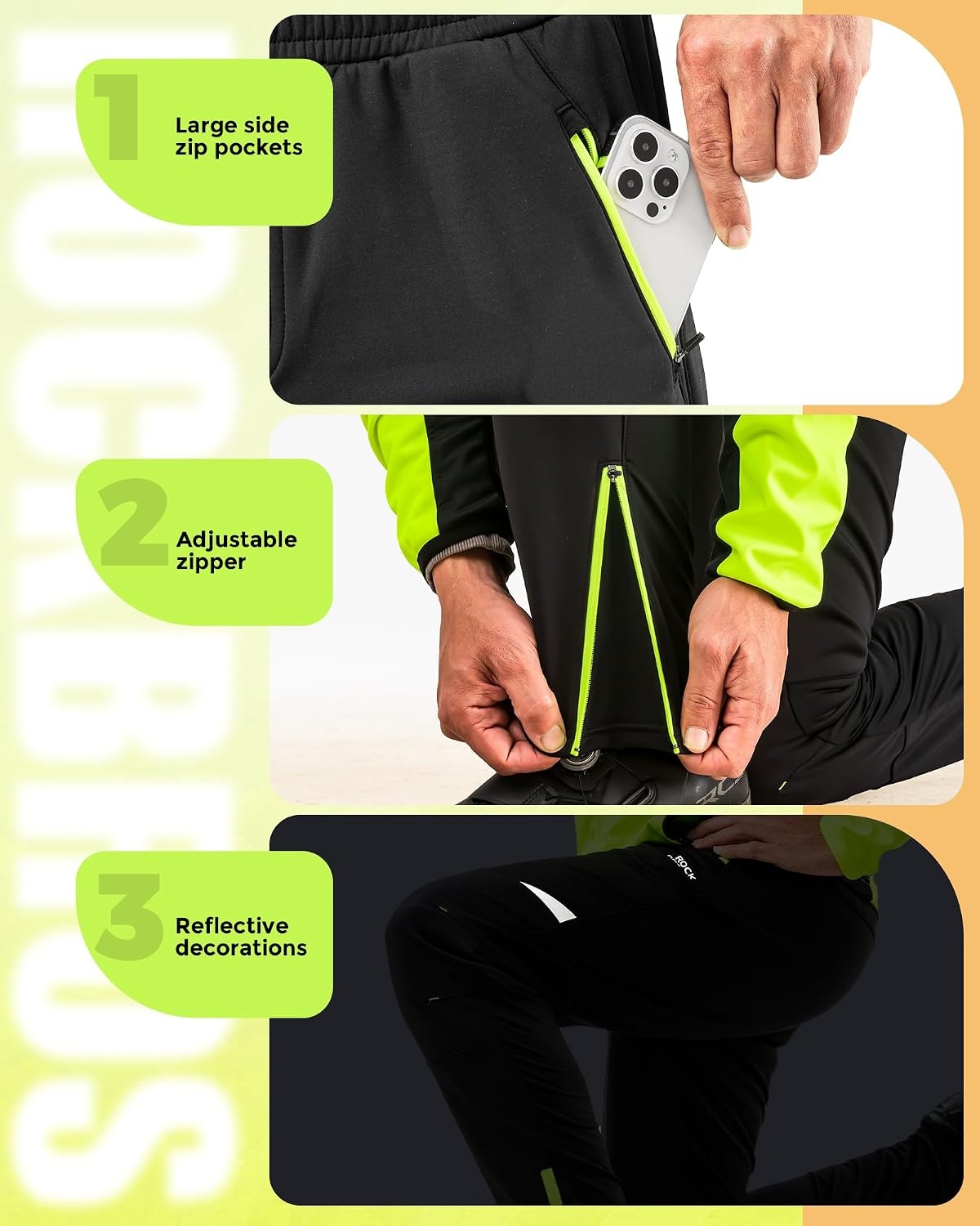 image:imageROCKBROS Mens Winter Cycling Pants Thermal Windproof Bike Tights Honeycomb Fleece Lining Windproof Stretch Fabric Zip Pockets Adjustable Ankle Zips and Drawstring Waist for Winter Rides