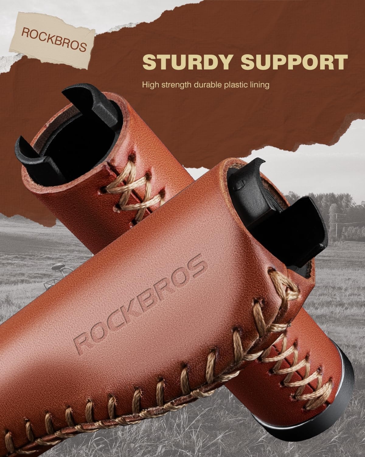 image:imageROCKBROS Bike Handlebar Grips Vintage NonSlip Double Lock onOrange BrownLeather