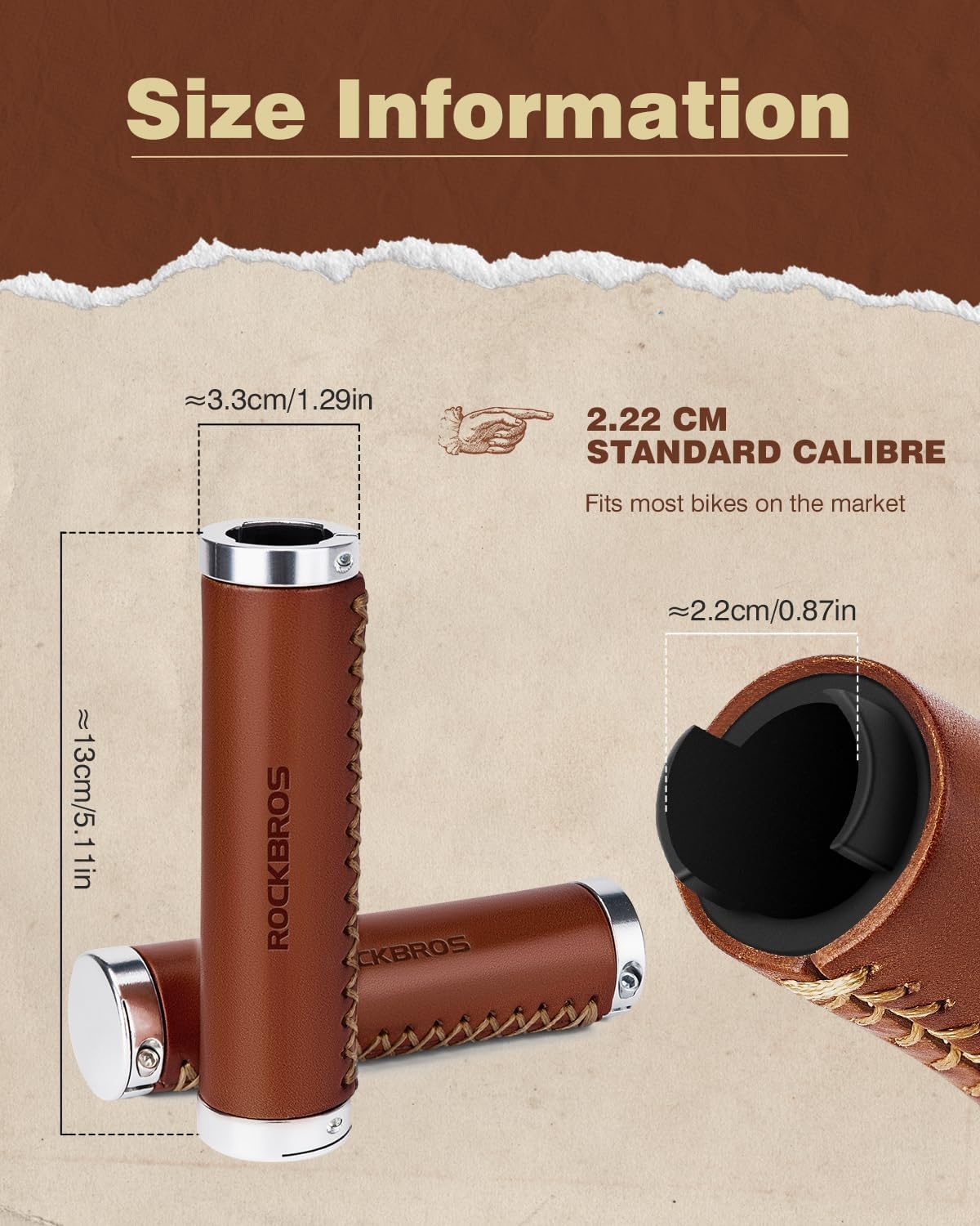 image:imageROCKBROS Bike Handlebar Grips Vintage NonSlip Double Lock onOrange BrownLeather