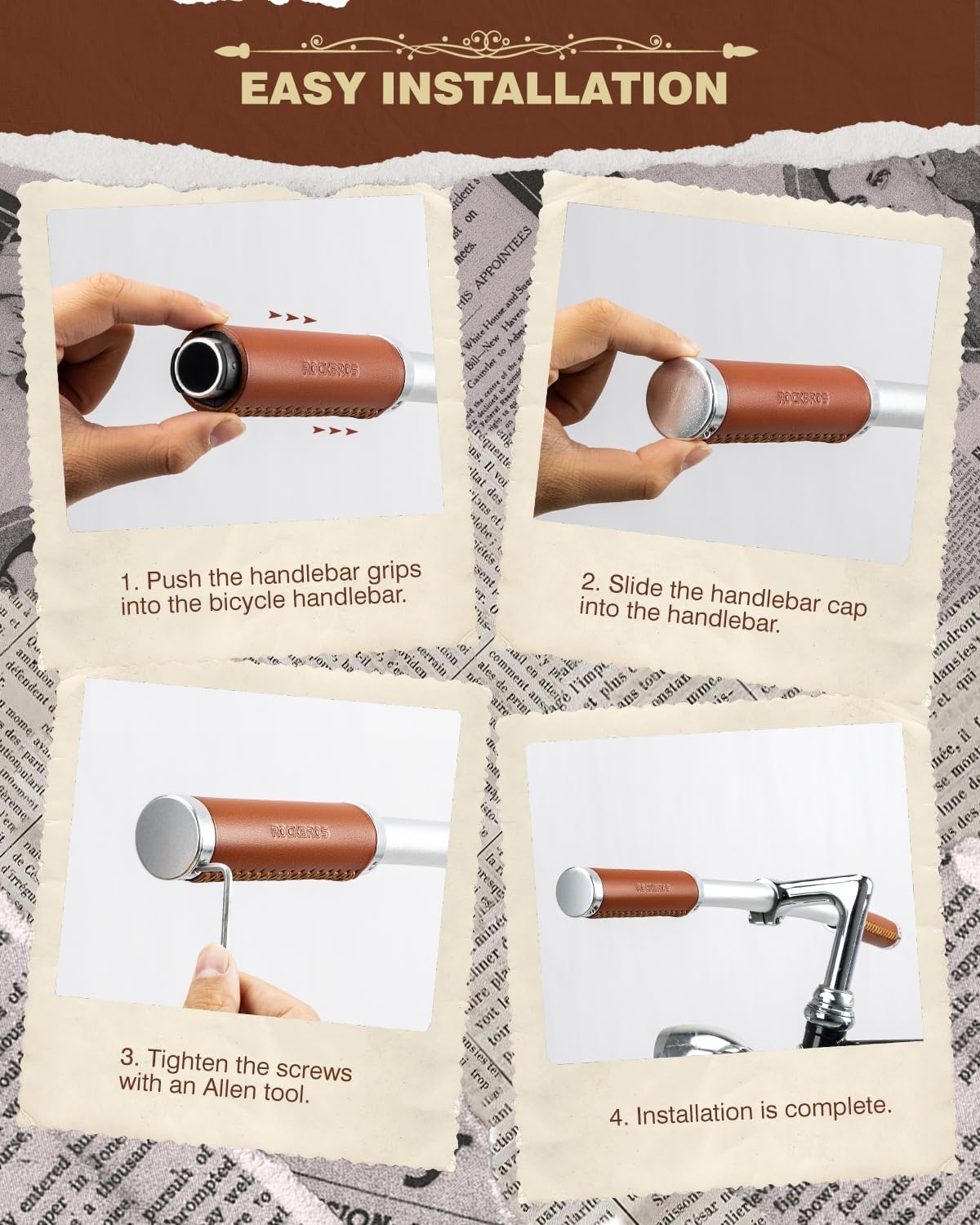 image:imageROCKBROS Bike Handlebar Grips Vintage NonSlip Double Lock onOrange BrownLeather