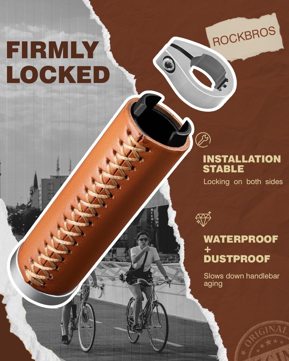 image:imageROCKBROS Bike Handlebar Grips Vintage NonSlip Double Lock onOrange BrownLeather