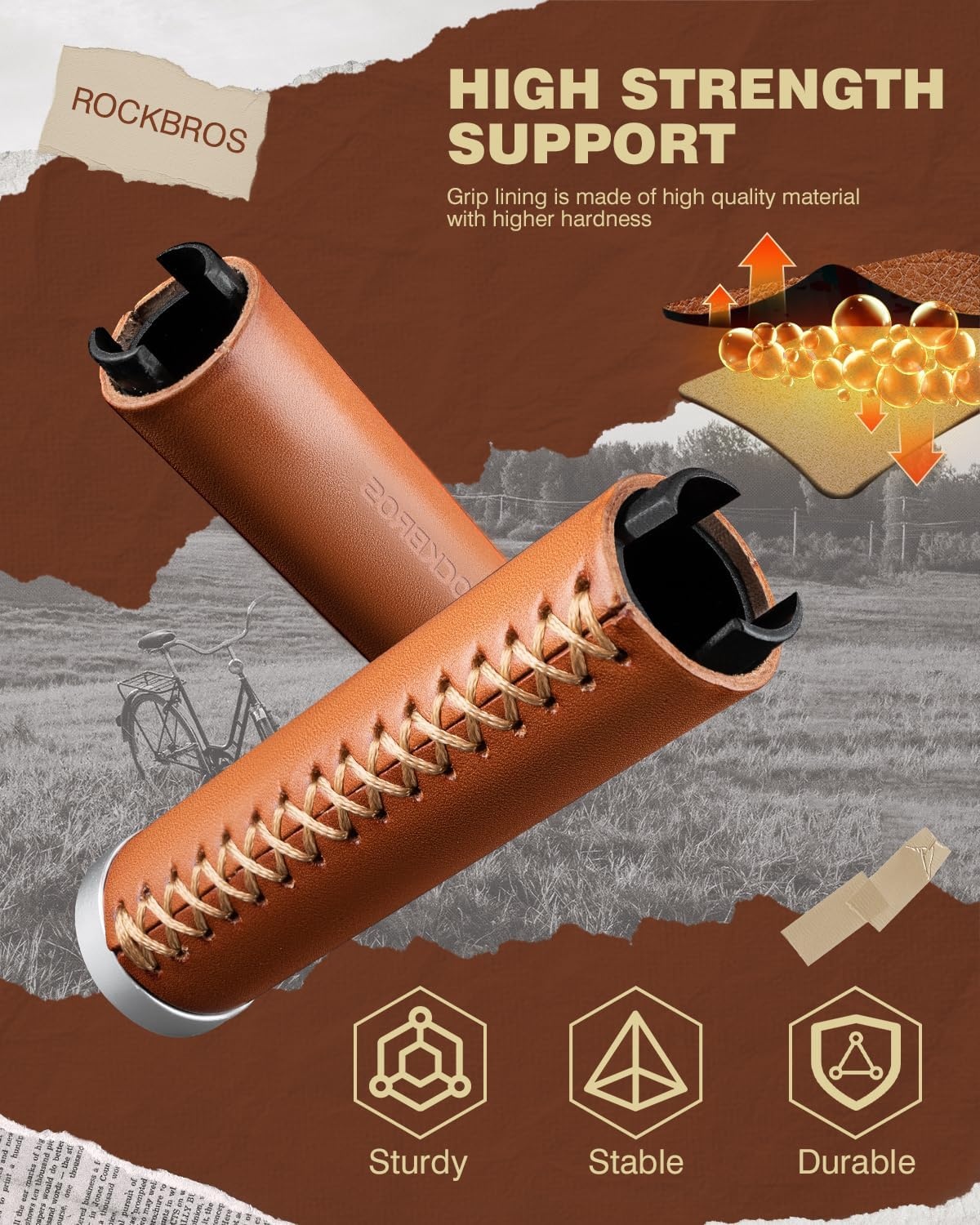 image:imageROCKBROS Bike Handlebar Grips Vintage NonSlip Double Lock onOrange BrownLeather