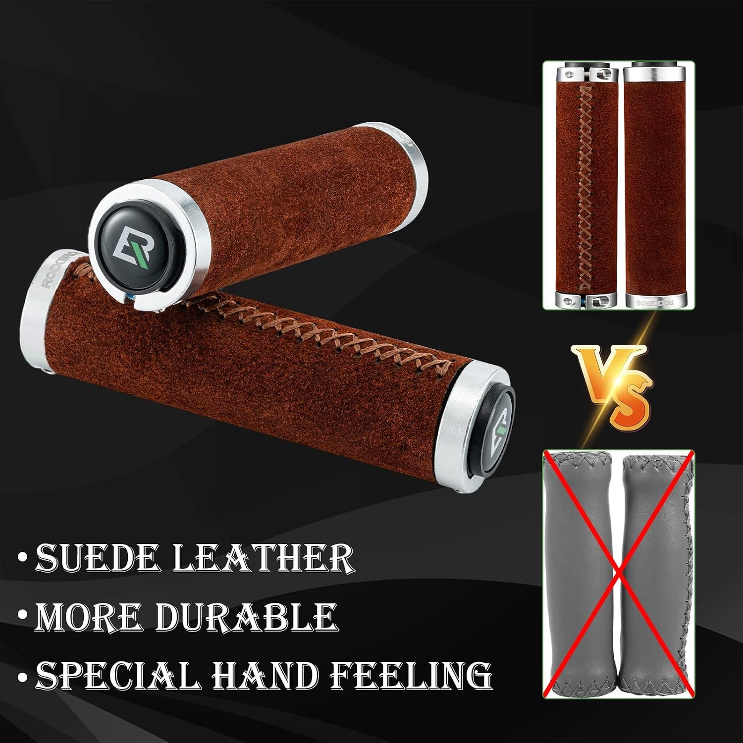 image:imageROCKBROS Bike Handlebar Grips Vintage NonSlip Double Lock onOrange BrownLeather Suede