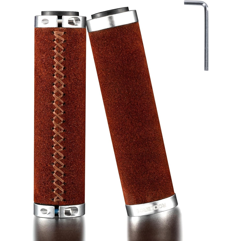 image:imageROCKBROS Bike Handlebar Grips Vintage NonSlip Double Lock onOrange BrownLeather Suede