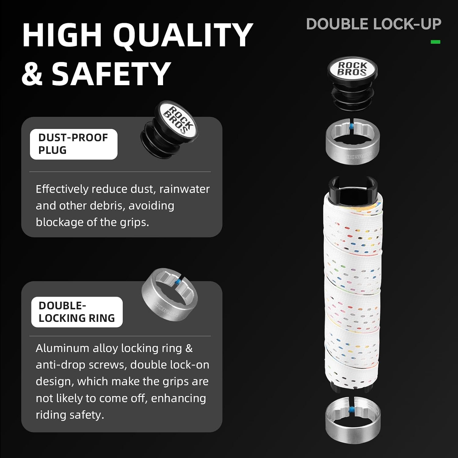 image:imageROCKBROS Bike Handlebar Grips 222 mm Handle Bar AntiSlip Grips for Bicycles Comfortable Silicone amp EVA WrapAround Handlebar Tape Design Aluminum Alloy Double Lock On with AntiDrop ScrewsBlack