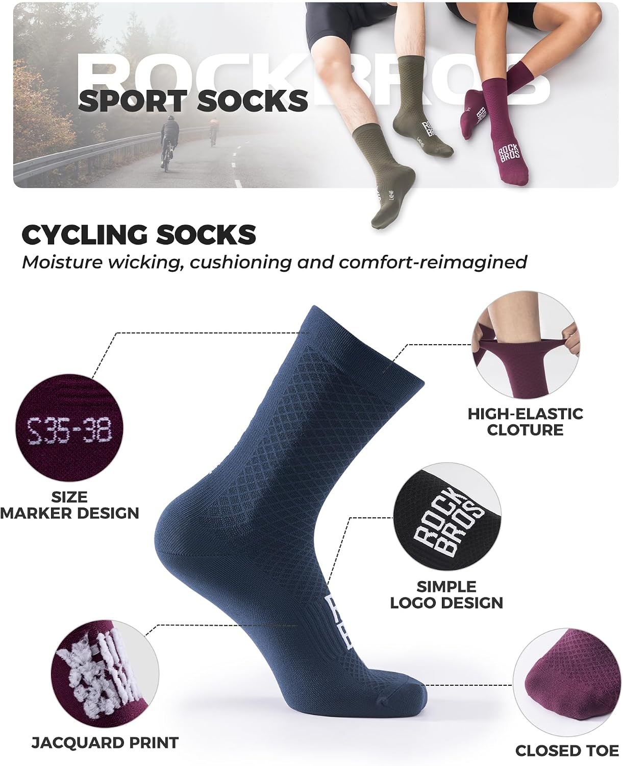 image:imageROCKBROS Cycling Socks for Men Women Bike Socks Compression Fit Tall CrewBlue1 Pairs