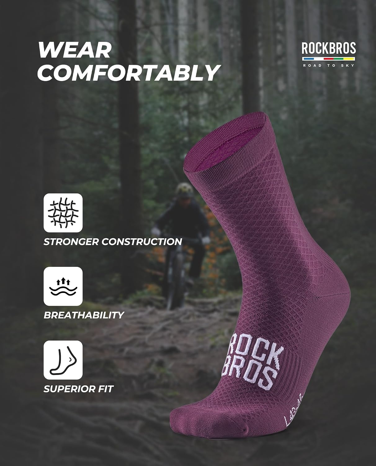 image:imageROCKBROS Cycling Socks for Men Women Bike Socks Compression Fit Tall CrewPurple1 Pair