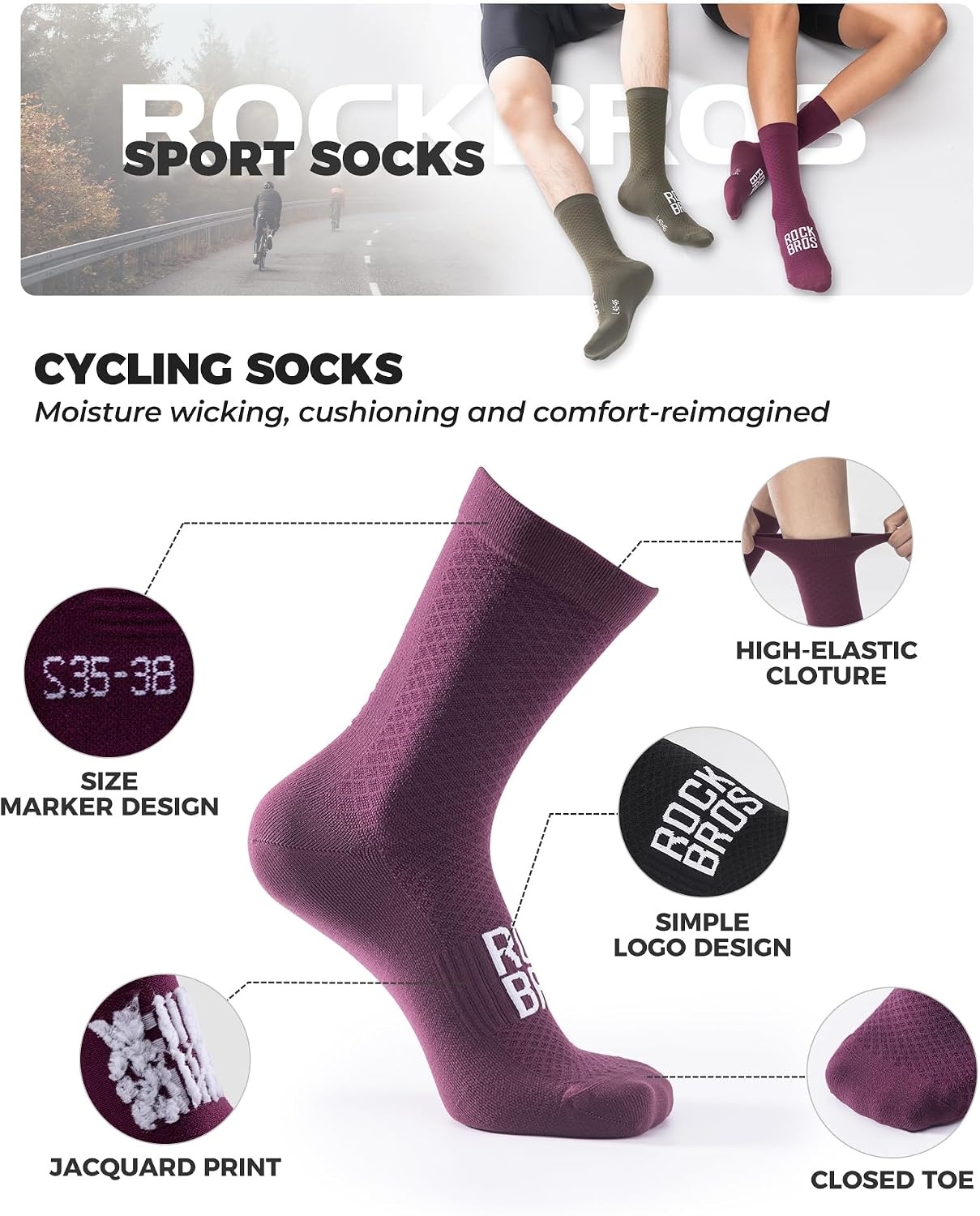 image:imageROCKBROS Cycling Socks for Men Women Bike Socks Compression Fit Tall CrewPurple1 Pair