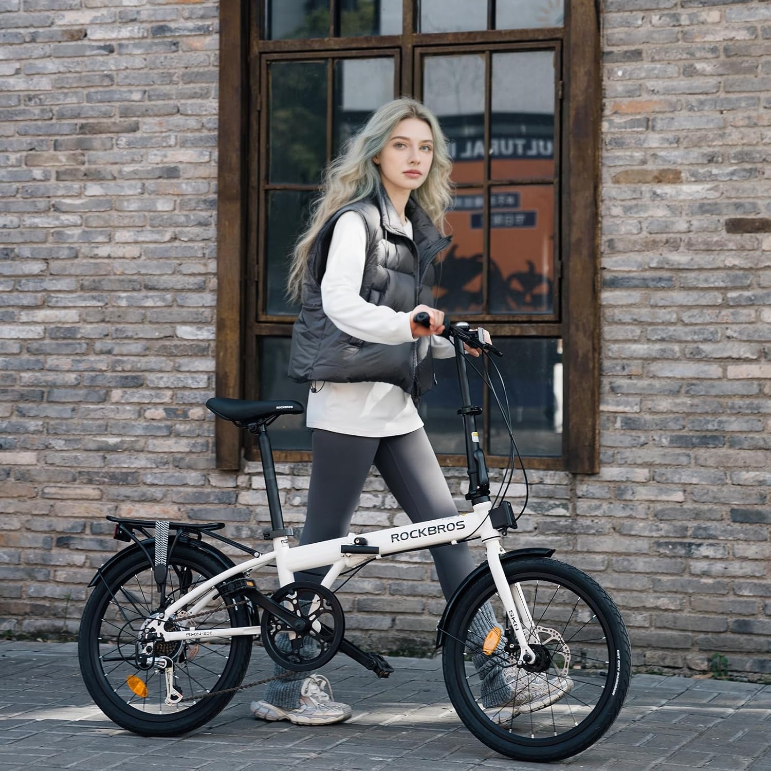 image:imageROCKBROS Folding Bike SKN 20 for Adults 7Speed Commuter City Bicycle with Shimano Drivetrain amp Dual Disc Brakes Compact Foldable Bike with Rear Cargo Rack amp Mudguards Fits Riders 4761Vibrant Orange