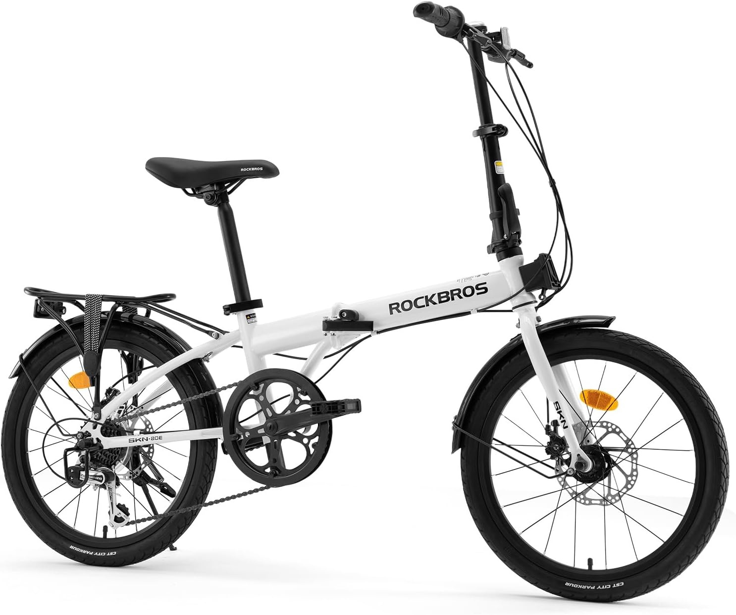 image:imageROCKBROS Folding Bike SKN 20 for Adults 7Speed Commuter City Bicycle with Shimano Drivetrain amp Dual Disc Brakes Compact Foldable Bike with Rear Cargo Rack amp Mudguards Fits Riders 4761Pearl White