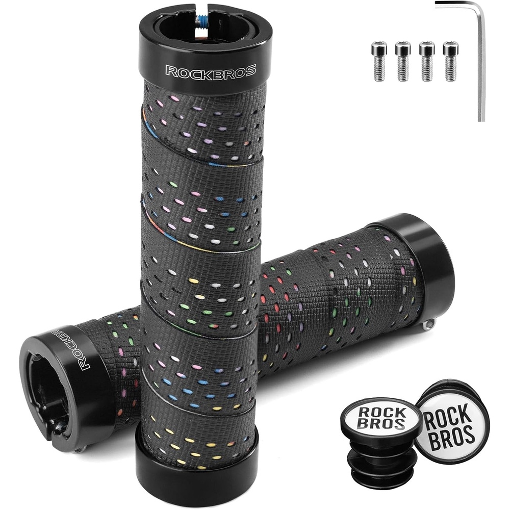 image:imageROCKBROS Bike Handlebar Grips 222 mm Handle Bar AntiSlip Grips for Bicycles Comfortable Silicone amp EVA WrapAround Handlebar Tape Design Aluminum Alloy Double Lock On with AntiDrop ScrewsBlack