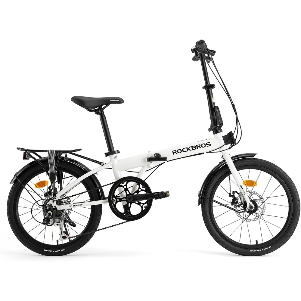 image:imageROCKBROS Folding Bike SKN 20 for Adults 7Speed Commuter City Bicycle with Shimano Drivetrain amp Dual Disc Brakes Compact Foldable Bike with Rear Cargo Rack amp Mudguards Fits Riders 4761Pearl White
