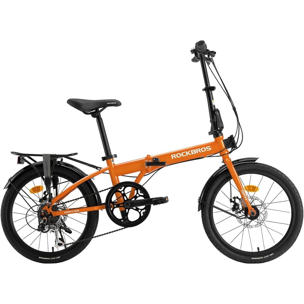 image:imageROCKBROS Folding Bike SKN 20 for Adults 7Speed Commuter City Bicycle with Shimano Drivetrain amp Dual Disc Brakes Compact Foldable Bike with Rear Cargo Rack amp Mudguards Fits Riders 4761Vibrant Orange