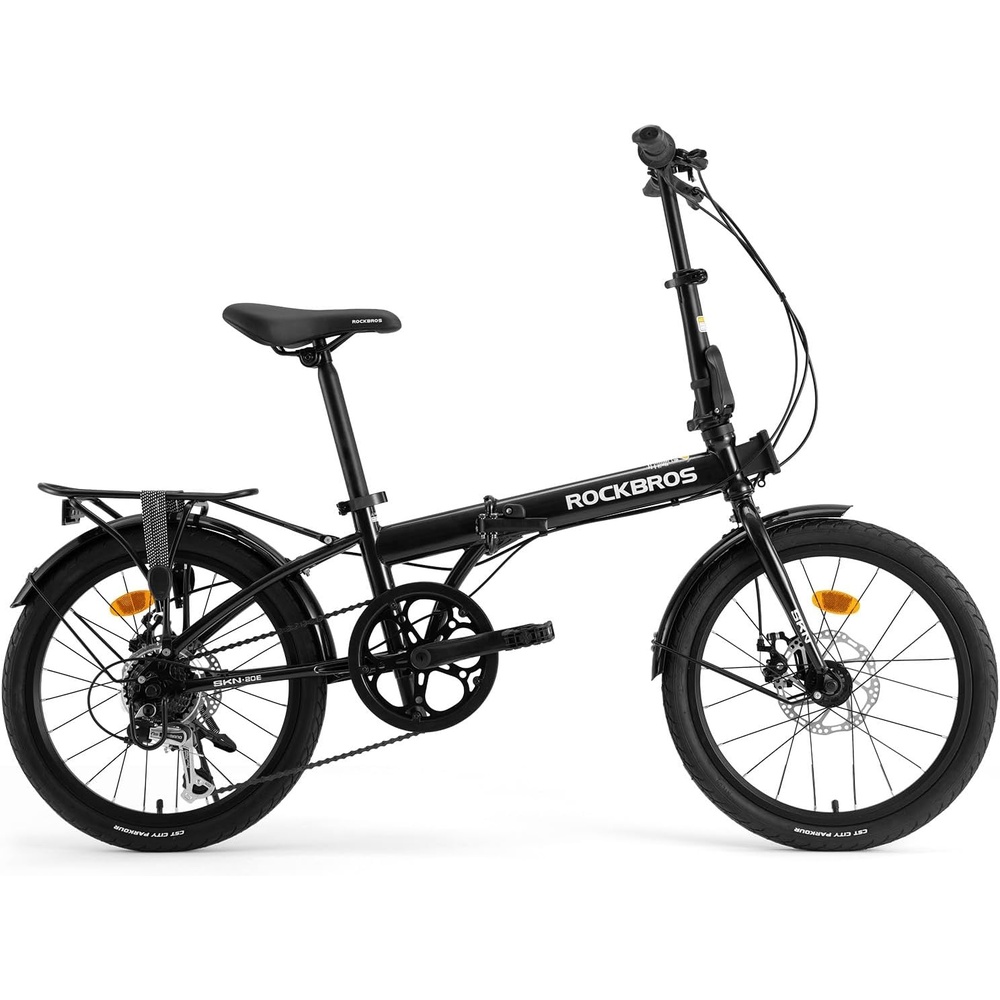 image:imageROCKBROS Folding Bike SKN 20 for Adults 7Speed Commuter City Bicycle with Shimano Drivetrain amp Dual Disc Brakes Compact Foldable Bike with Rear Cargo Rack amp Mudguards Fits Riders 4761Obsidian Black
