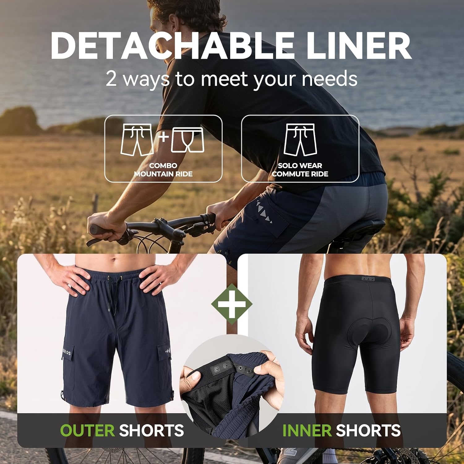 image:imageROCKBROS Mens Padded MTB Shorts with 4D Chamois Detachable Liner