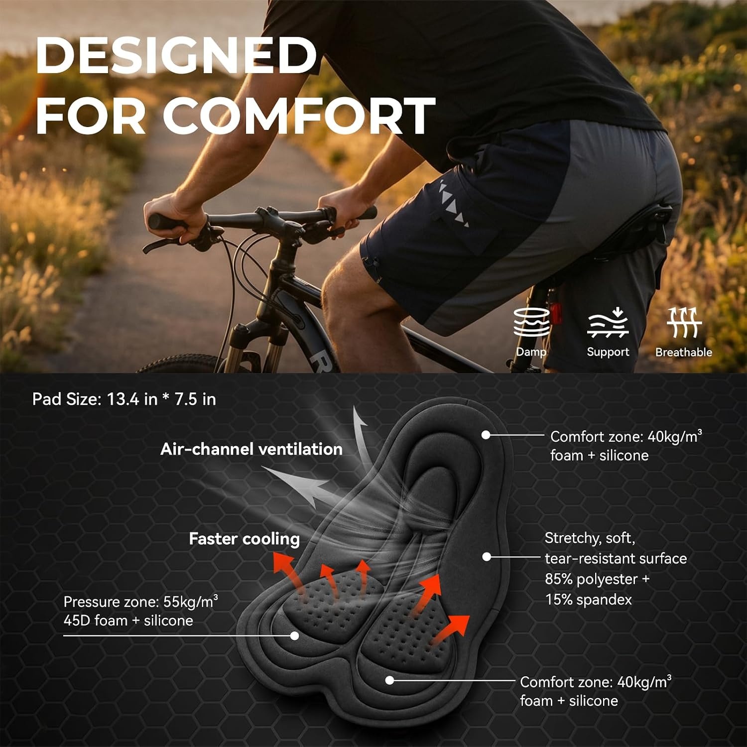 image:imageROCKBROS Mens Padded MTB Shorts with 4D Chamois Detachable Liner