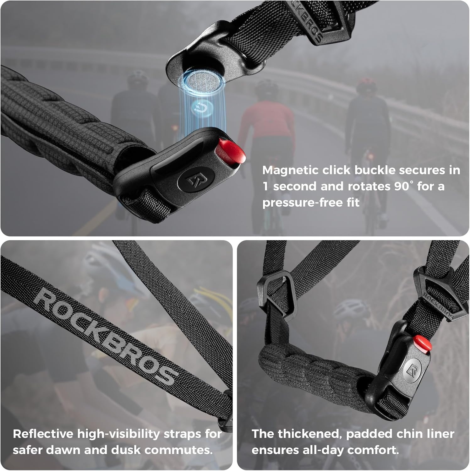 image:imageROCKBROS Bike Helmet Magnetic Buckle Integrated Keel Structure HelmetGlossy BlackNo Reflective
