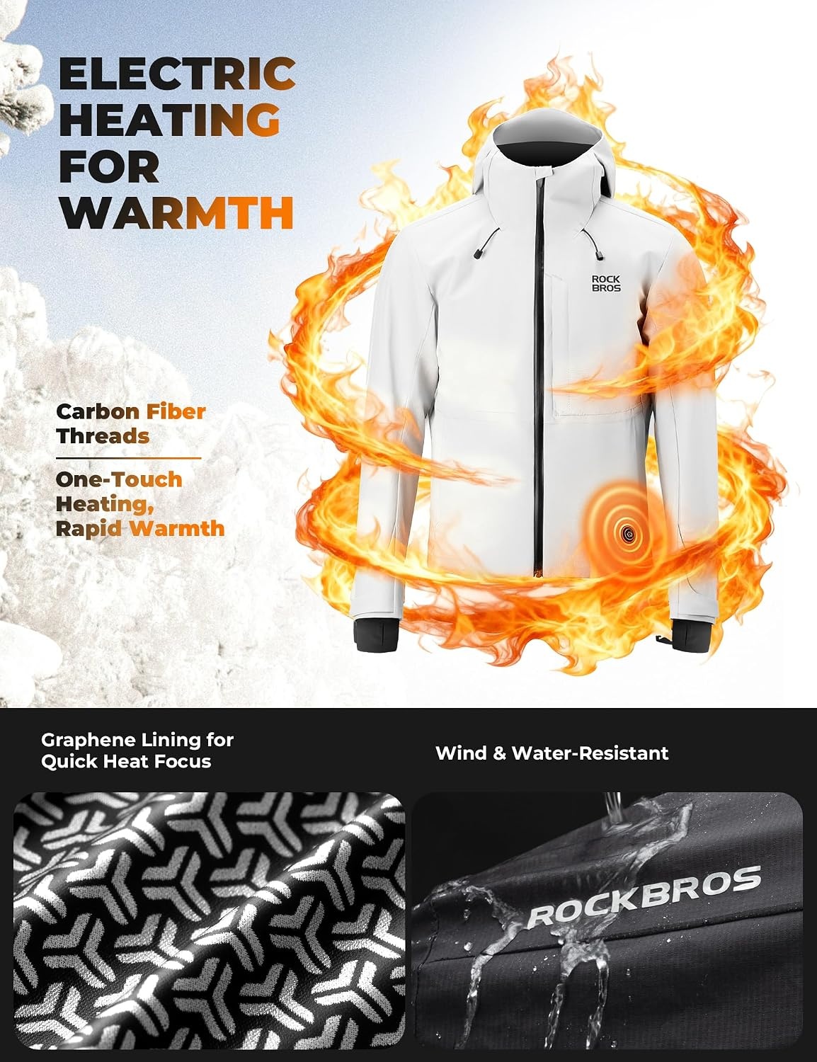 image:imageROCKBROS Mens Heated Jacket Hooded Electric Winter Coat WaterproofBlack