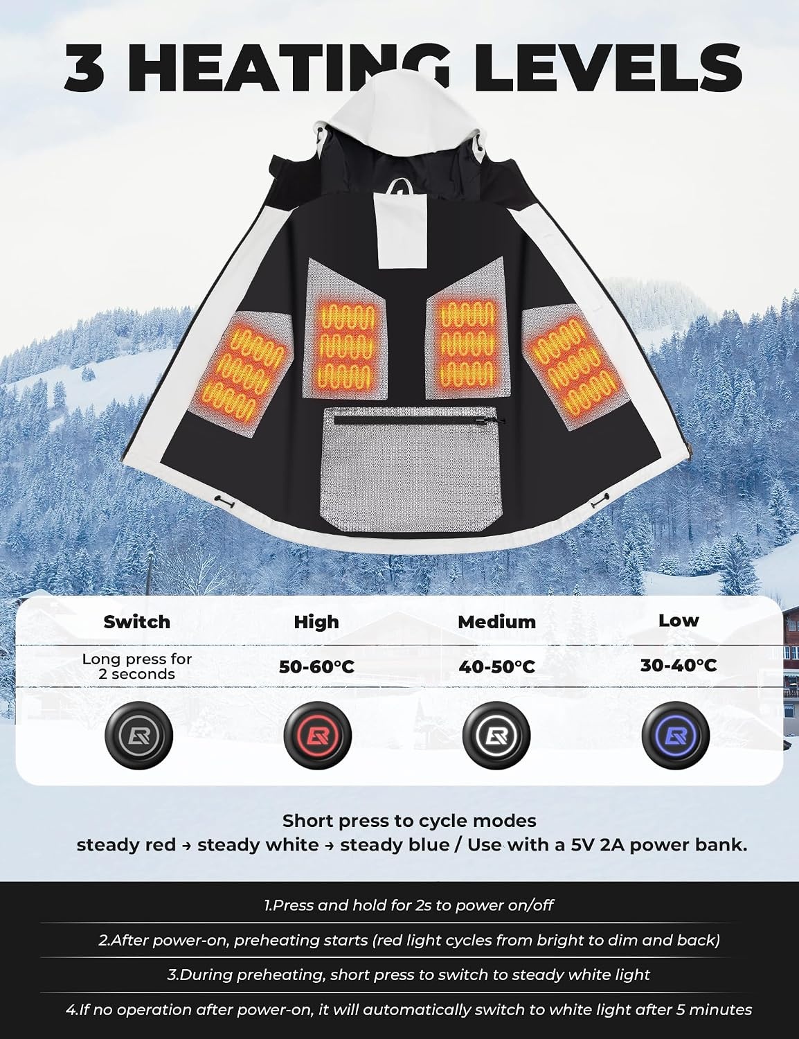 image:imageROCKBROS Mens Heated Jacket Hooded Electric Winter Coat WaterproofBlack
