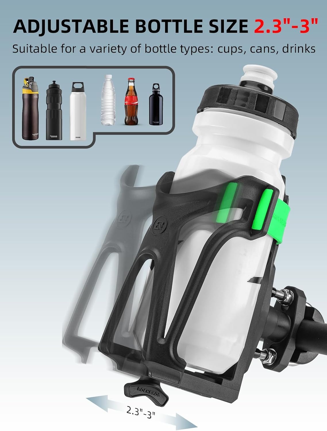 image:imageROCKBROS Motorcycle Cup Holder Bike Water Bottle Holder for 233 Diameter Adjustable Bottles Size with 360Rotatable Base Bicycle Drink Cage for Handlebar Frame with Screw ToolBlack Green