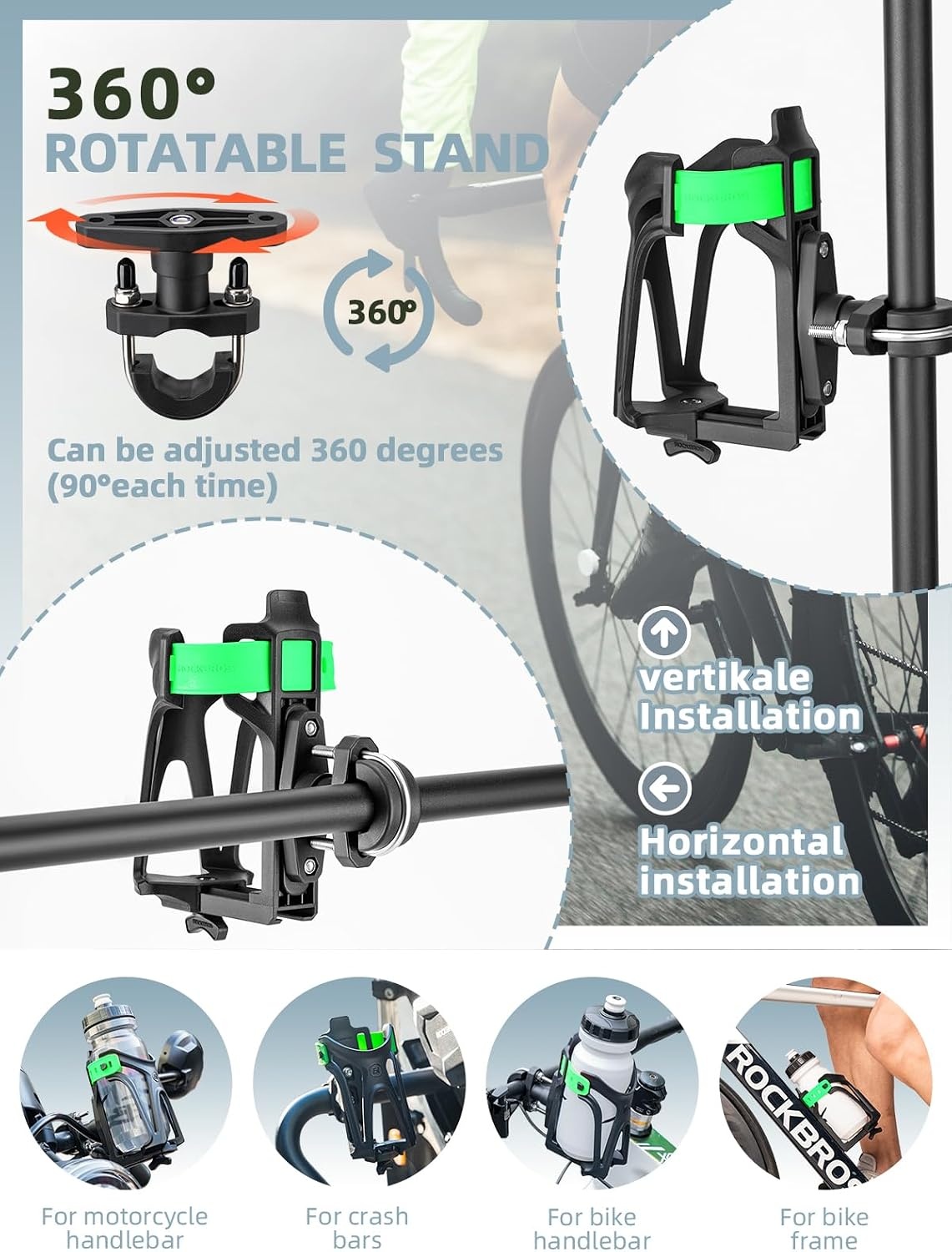 image:imageROCKBROS Motorcycle Cup Holder Bike Water Bottle Holder for 233 Diameter Adjustable Bottles Size with 360Rotatable Base Bicycle Drink Cage for Handlebar Frame with Screw ToolBlack Green