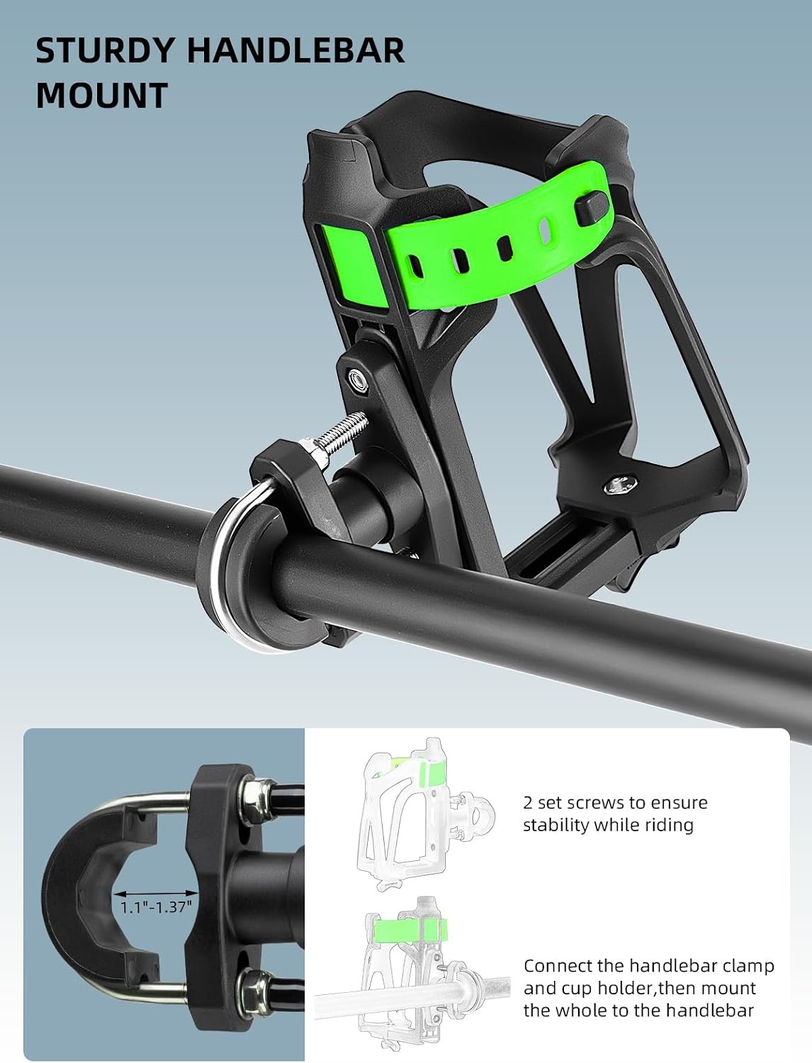 image:imageROCKBROS Motorcycle Cup Holder Bike Water Bottle Holder for 233 Diameter Adjustable Bottles Size with 360Rotatable Base Bicycle Drink Cage for Handlebar Frame with Screw ToolBlack Green