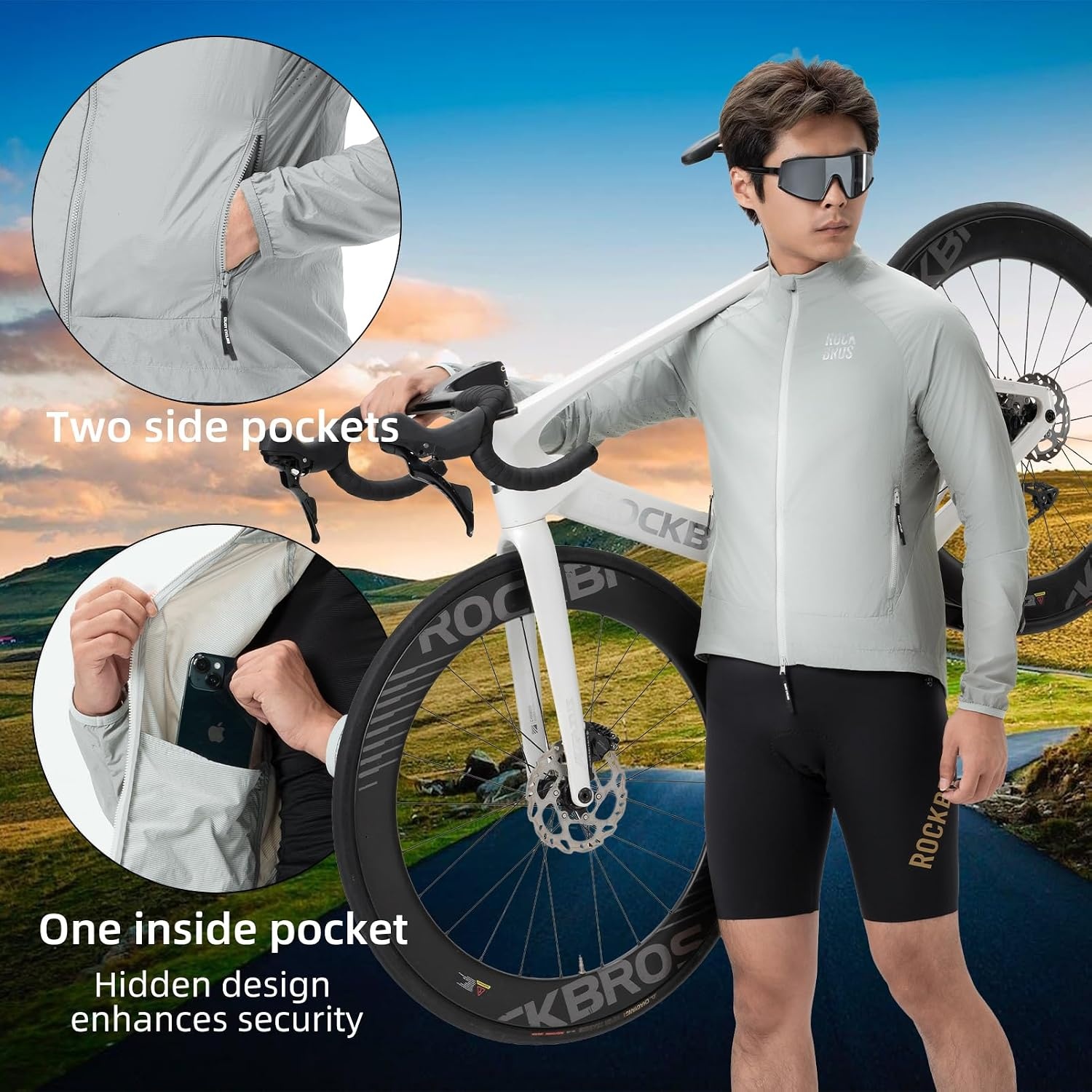 image:imageROCKBROS Cycling Jackets for Men Cooling Breathable Lightweight Running MTBLime White