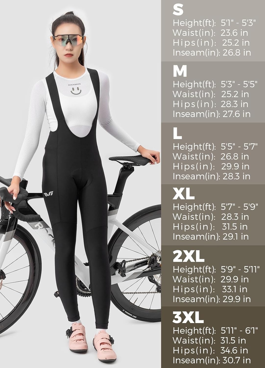 image:imageROCKBROS Womens Thermal Bike Bibs Padded Fleece Lined Winter Tights